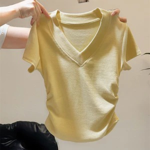 SUXI Áo thun ngắn tay cổ chữ V màu trơn nhẹ nhàng phong cách Hàn Quốc dành cho nữ mùa hè mới 260509