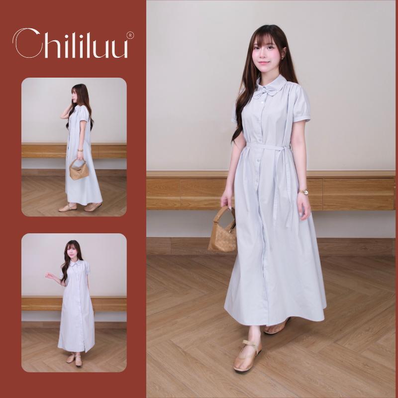 Đầm maxi Chililuu váy maxi dáng dài cổ sen tròn tay phối nơ thanh lịch phong cách Hàn Quốc kèm đai lưng