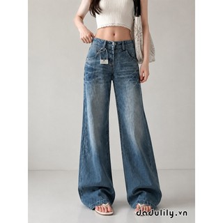DADUlily | Phong Cách Hàn Quốc Retro, Quần Jean Ống Rộng Cạp Thấp Đã Giặt, Quần Dài, Ống Đứng Mỏng