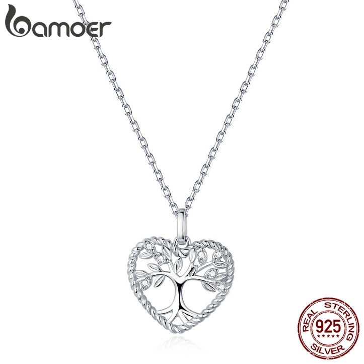 Dây Chuyền Bamoer Bạc 925 BSN176 Mặt Hình Trái Tim Phối Cây Chạm Khắc Thời Trang Xinh Xắn Cho Nữ