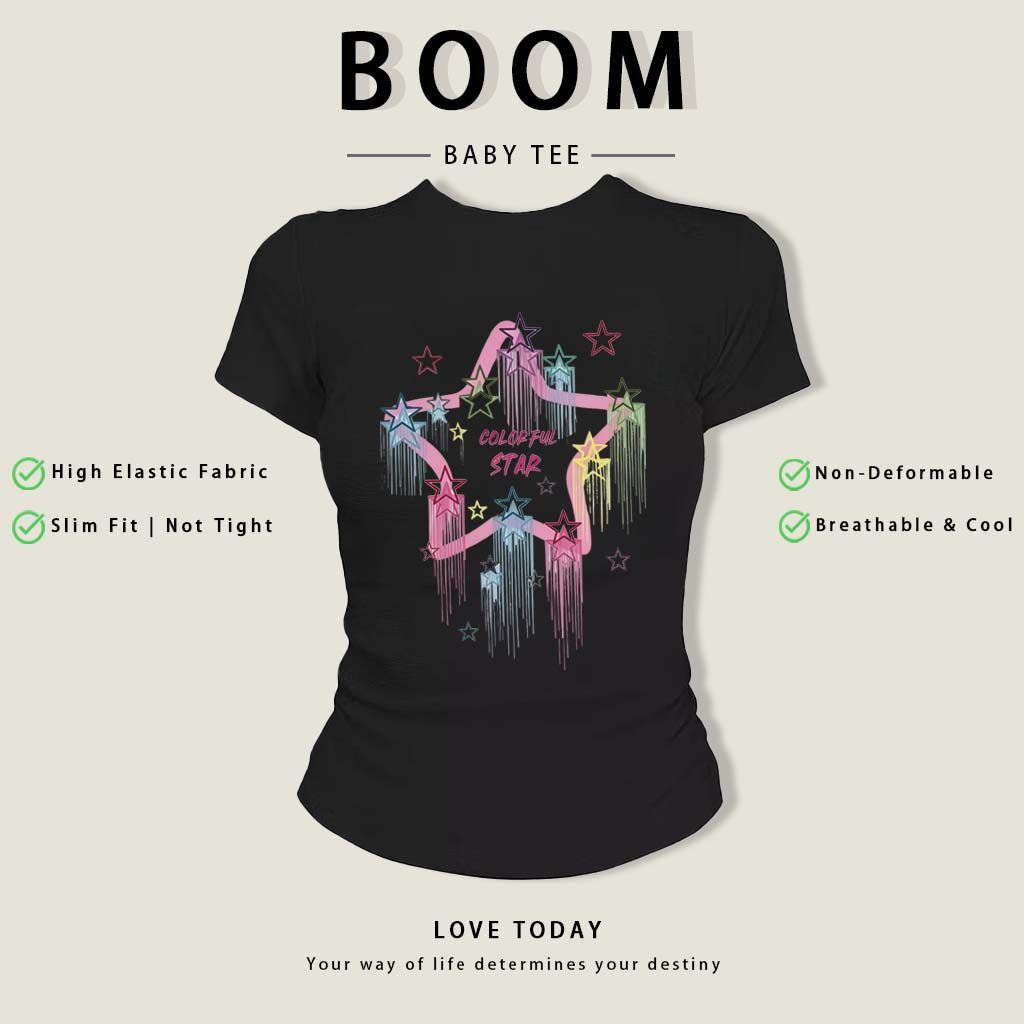 BOOM Áo Baby Tee Nữ Cotton Ôm Body-Áo Thun Ngắn Tay Y2K In Hình PhongCách Mùa Hè, Cổ Tròn Hàng Đầucách hàn quốc phongE70