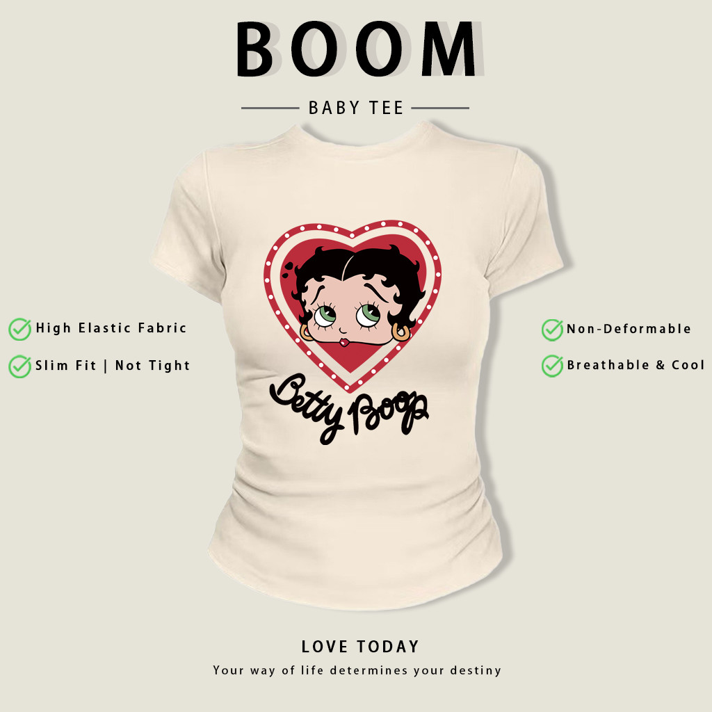 BOOM Áo Baby Tee Nữ Cotton Ôm Body-Áo Thun Ngắn Tay Y2K In Hình PhongCách Mùa Hè, Cổ Tròn Hàng Đầucách hàn quốc phongR04