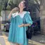 Váy ngắn nữ cho người béo, họa tiết nấm và màu sắc đối lập, thiết kế búp bê