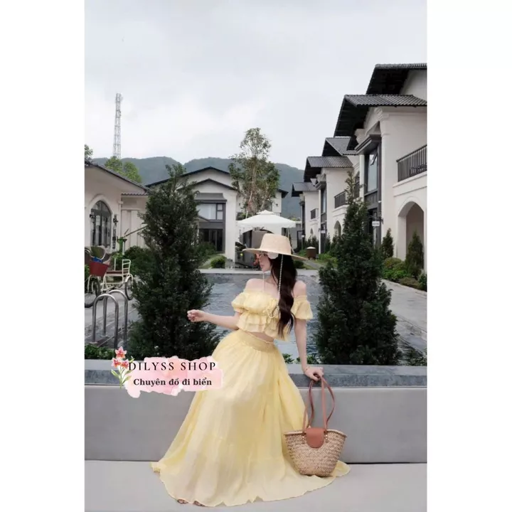 Váy maxi trễ vai nữ freesize chun co giãn váy đi biển váy dài xoè tầng váy du lịch nữ tính