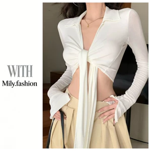 Milyfashion Áo thun dài tay cổ chữ V có dây buộc màu trắng Milyfashion Kem chống nắng gợi cảm Crop Short Top baby tee WXC