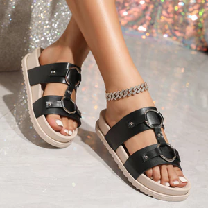 Mặc Bên Ngoài Dép Slip-On Màu Đen Trang Trí Vòng Tròn Giày Đế Bằng Thoải Mái Đơn Giản Hai Lớp Ngà Trắng Flat Dép Nữ DDTA