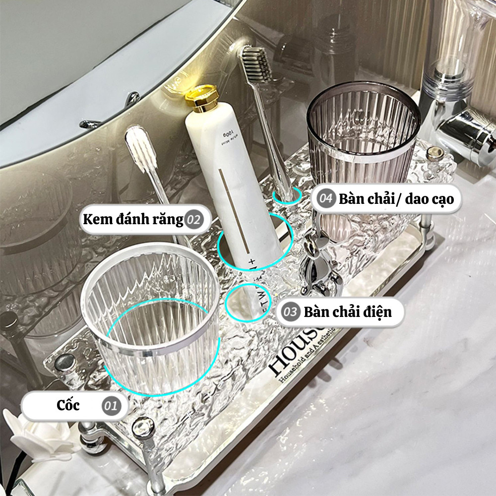 Kệ Đựng Bàn Chải Đánh Răng Acrylic Kèm 2 Cốc, Giá Để Kem Đánh Răng Nhà Tắm Decor Gọn Gàng