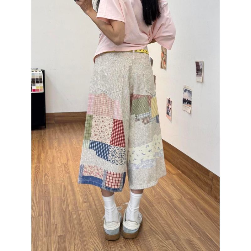[Ưu đãi đặc biệt trong thời gian có hạn] American Retro Washed Patch Stitchered Design Crop Jeans Nữ Mùa Hè Phố Cao Cấp Rời Ôm Hơn Nhìn Giữa