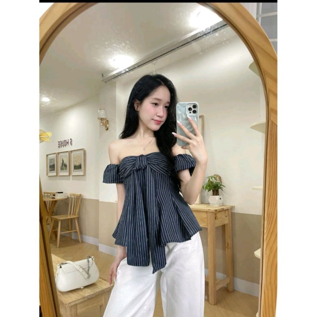 (tay áo ko có nút gài)Áo kẻ thắt dây ngực chít eo tay bo bí phồng. - SamHi Closet