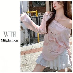 Milyfashion Loose Slimmer Look Pure Desire Pink Bowknot Cat Print Cổ áo chéo lệch vai dài-
