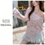 Milyfashion Loose Slimmer Look Pure Desire Pink Bowknot Cat Print Cổ áo chéo lệch vai dài-