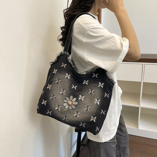 Túi tote thêu hoa hạng nặng độc đáo bằng vải denim đã giặt