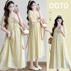 Váy bà bầu mùa hè phiên bản Hàn Quốc, họa tiết hoa nhỏ, dáng dài vừa phải