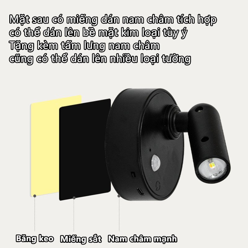đèn đọc sách đèn tường LED, Sạc Type-C, cảm ứng hồng ngoại 3 màu sáng xoay đa góc lắp nam châm
