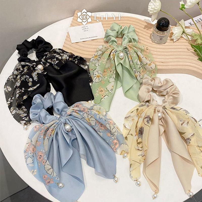 Dây buộc tóc retro thanh lịch với nơ ngọc trai, phong cách Hàn Quốc dành cho tóc đuôi ngựa
