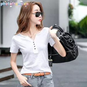 Áo Thun Ngắn Tay Chữ V Đơn Giản và Áomourning Trắng Cho Nữ