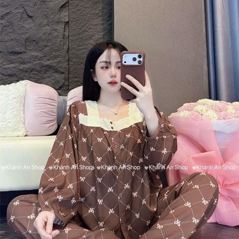 KA184 - Đồ Bộ Tole Lanh Áo Cổ Vuông  Phối Ren Tay Dài Quần Dài B2