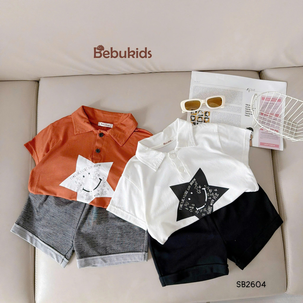 Bộ quần áo polo cộc tay Ngôi sao Bebukids, Chất liệu cotton 2 chiều co giãn cho bé trai 8-21kg