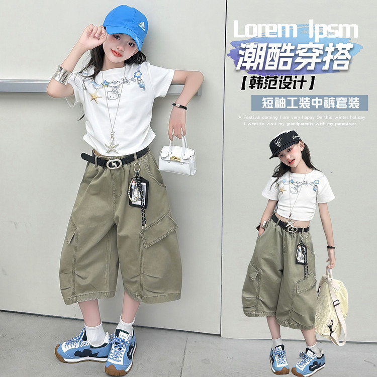 Quần yếm Cotton bé gái Mùa hè Phong cách mới Trẻ em Phiên bản Hàn Quốc Quần crop thời trang bỏ túi lớn