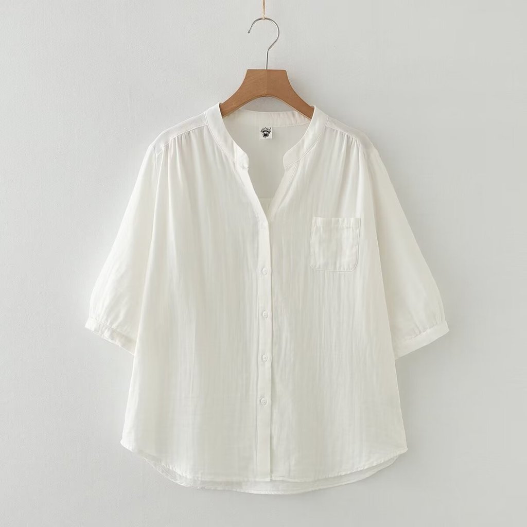 [Sẵn Sàng] Áo Sơ Mi Nữ 100% Sợi Cotton Cao Cấp Văn Học Cổ Chữ V Màu Trơn Cotton Mềm Thoáng Khí Áo Sơ Mi Cotton Cho Bé
