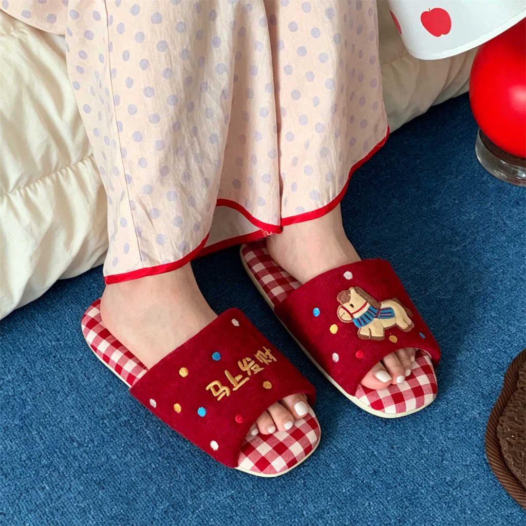 XIXITIAO Dép Vải Cotton Nhà Máy Có Thể Giặt Nam Nữ Pony Cặp Đôi Kẻ Sọc Đỏ