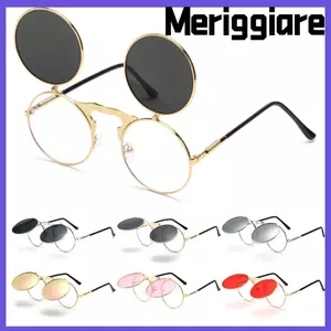 Kính râm lật MERIGGIARE, Kính râm chống nắng hình tròn bảo vệ UV400, Sắc thái cổ điển tròn mát mẻ thập niên 90 dành cho nữ và nam giới