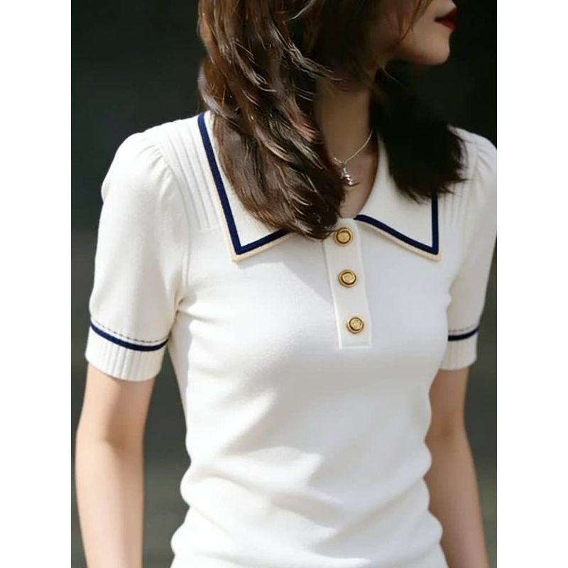 [Thời gian có hạn Seckill] Áo thun ngắn tay dệt kim cổ trắng kiểu Pháp dành cho nữ mùa hè 2026 Plus Size Fat MM Slimer Look Tính khí Áo đẹp