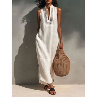 Váy rộng cổ chữ V rỗng không tay màu trắng mùa hè