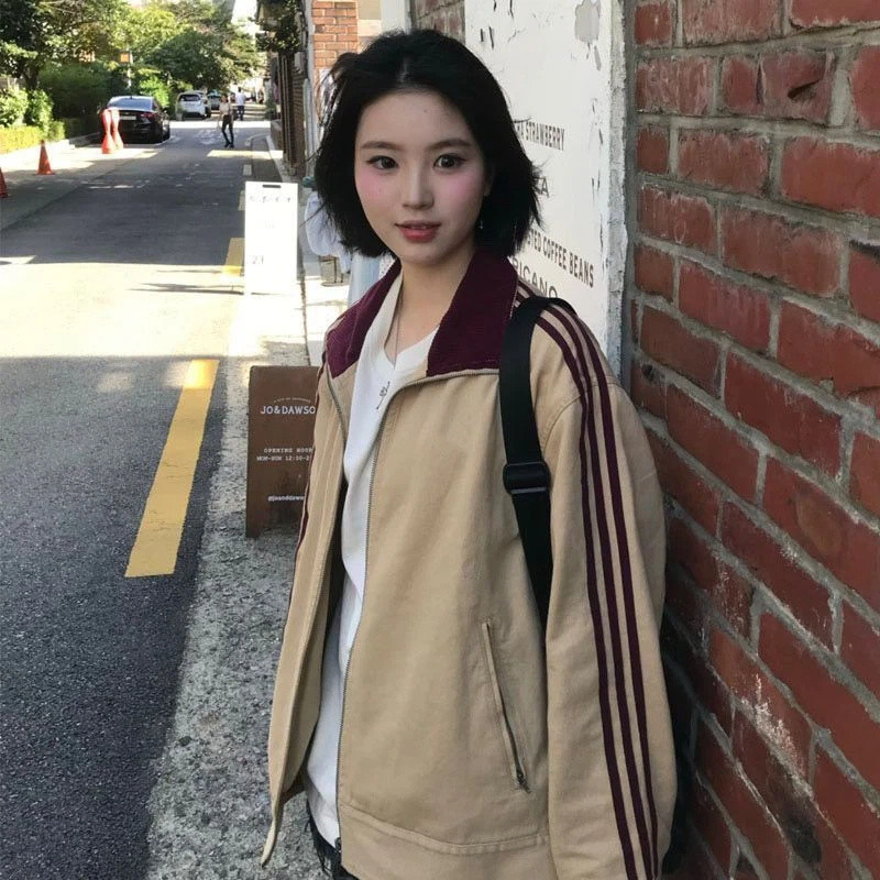 2026 Thu Đông Xuân Nam Nữ Rửa Cotton Đứng Cổ Sọc Áo Khoác Thêu Cặp Đôi Áo Khoác | BigBuy360 - bigbuy360.vn