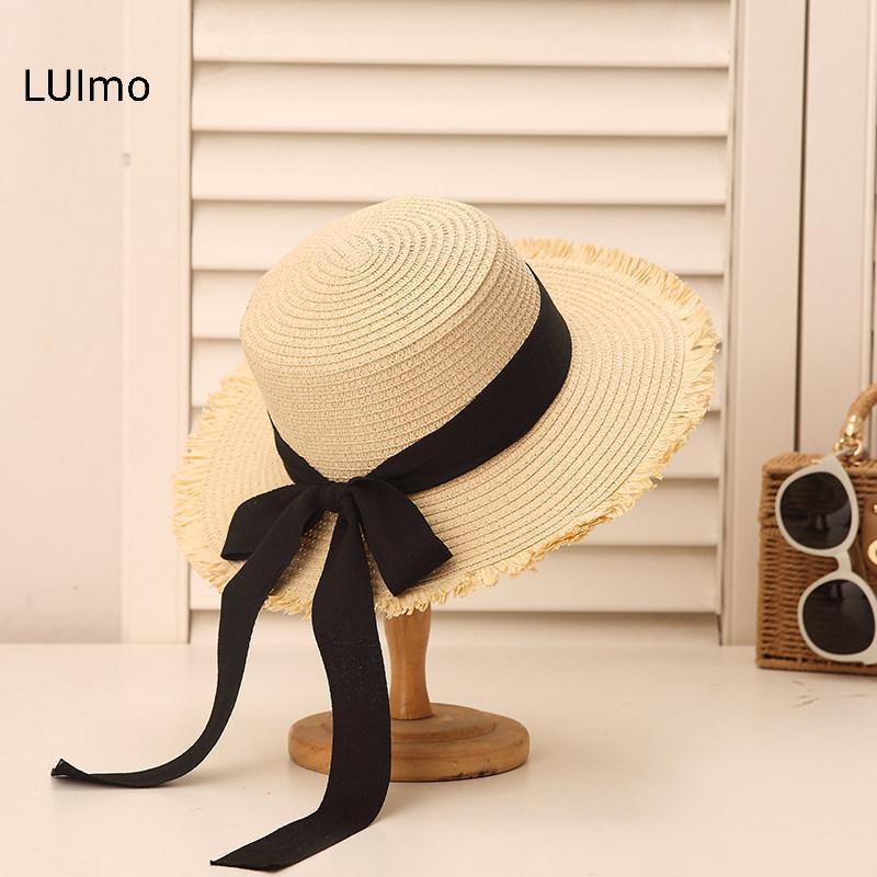 LUImo Nữ Pháp Flat Top Mũ Rơm Vành Rộng Mùa Hè Mũ Chống Nắng Du Lịch Đi Biển Phong Cách Thời Trang SBS