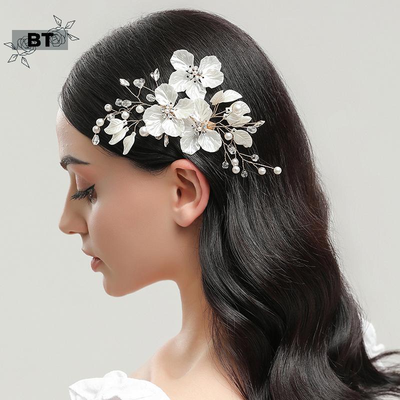 Kẹp tóc hoa ngọc trai pha lê thanh lịch BT dành cho nữ Phụ kiện tóc cưới cô dâu [NUW]