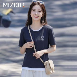 【MIZIQI】áo kiểu nữ Áo thun ngắn tay cổ tròn cho nữ, áo hai dây giả