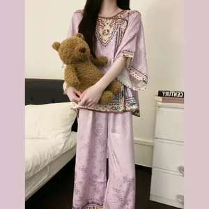2026 Mới Phong Cách Trung Hoa Bộ Đồ Ngủ Phong Cách Quốc Gia Phong Cách Tòa Án Retro Loungewear Xuân Hè Mềm Mại Thoải Mái Năm Điểm Tay In Hình Nữ