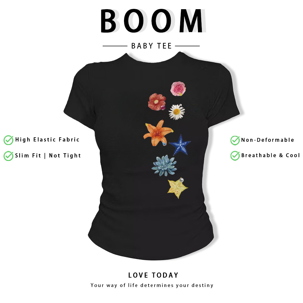 BOOM Áo Baby Tee Nữ Cotton Ôm Body-Áo Thun Ngắn Tay Y2K In Hình PhongCách Mùa Hè, Cổ Tròn Hàng Đầucách hàn quốc phongG36