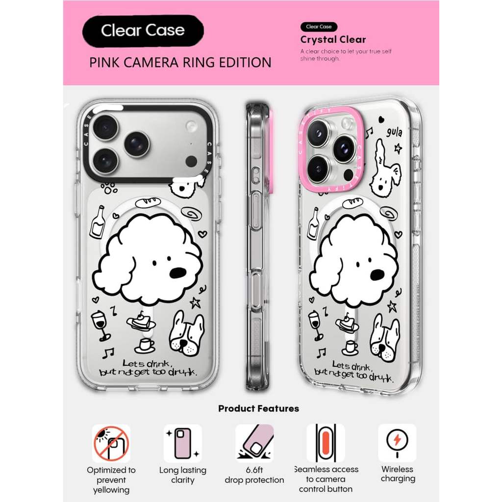 CASECASE X Lets drink Case HỒNG CAMERA RING EDITION Tác động Vỏ hút từ tính trong suốt cho iPhone 17 / 16 / 15 / 14 / 13 Pro Max Air với bao bì cao cấp