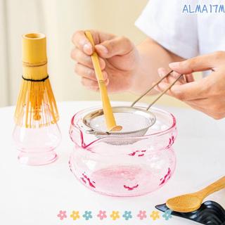 Bát Matcha ALMA1, Bộ dụng cụ làm Matcha thủy tinh hồng, có vòi rót Nơ Bát trà tái sử dụng Người yêu trà