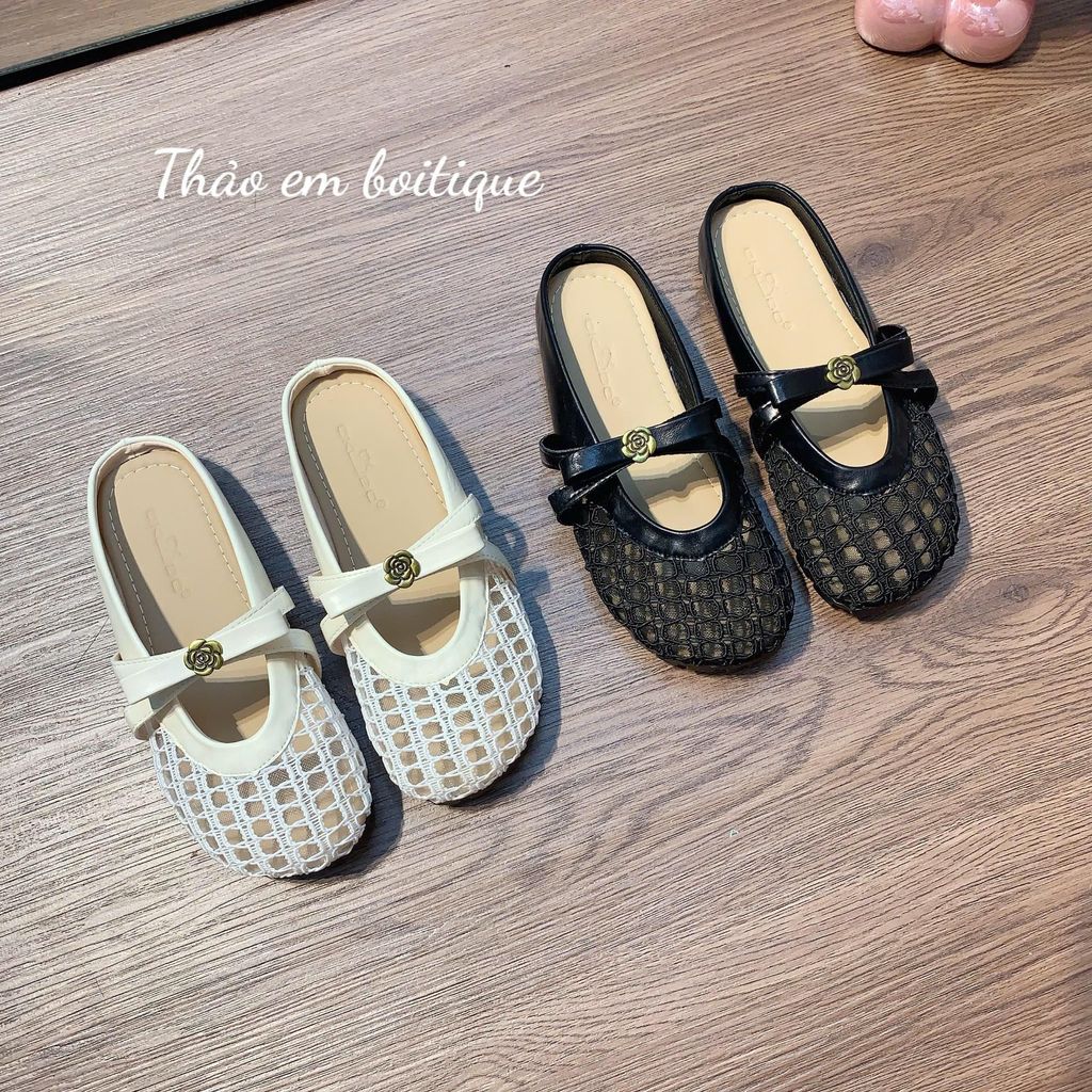 [Thảo Em - SL644] Sục lưới nữ đế bệt mũi tròn phối nơ hoa trà [Sẵn Hàng].