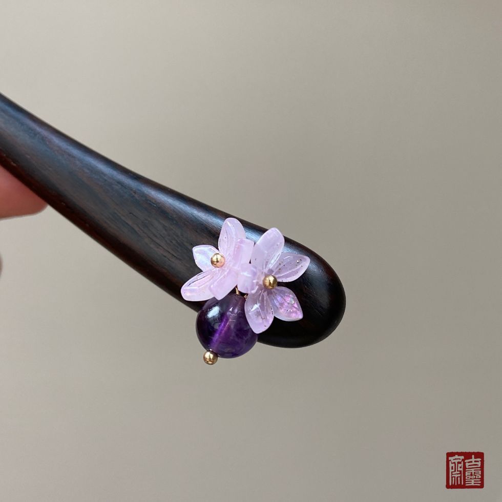 WHX-Hairpin {Hoa thạch anh tím} Kẹp tóc ngắn 13cm Gỗ đàn hương khắc Kẹp tóc Retro Trung Quốc Niche Thiết kế độc đáo Cảm giác