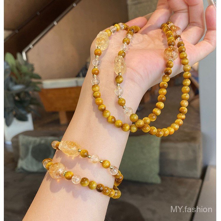 Vòng tay Citrine nhân tạo vòng tròn đôi, Pixiu Lucky Fortune Transfer Giả Golden Tiger Eye Vòng tay hình tròn đôi, Thiết kế thích hợp Cảm giác cao cấp