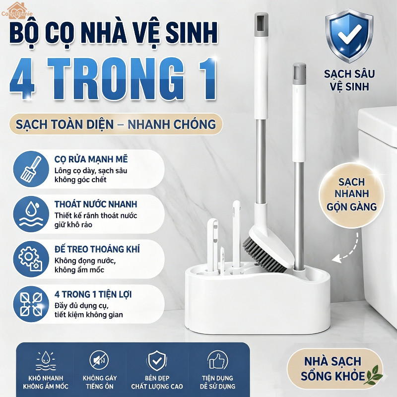 Bộ cọ vệ sinh nhà vệ sinh 4 trong 1, cọ vệ sinh đa chức năng, đầu cọ silicon mềm, tay cầm chắc chắn
