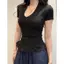 Pure Desire Retro Hot Girl Style Áo thun ngắn tay khâu ren cổ chữ V cho nữ mùa xuân Phong cách mới Slim-fit Slimmer Look Bottoming Shirt Top
