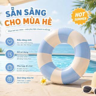 Phao Bơi Biển Tròn Vintage Sọc Xanh Kem, Phao Bơi Cứu Hộ Float Bơi Check-in Hồ Bơi Biển Hè COD