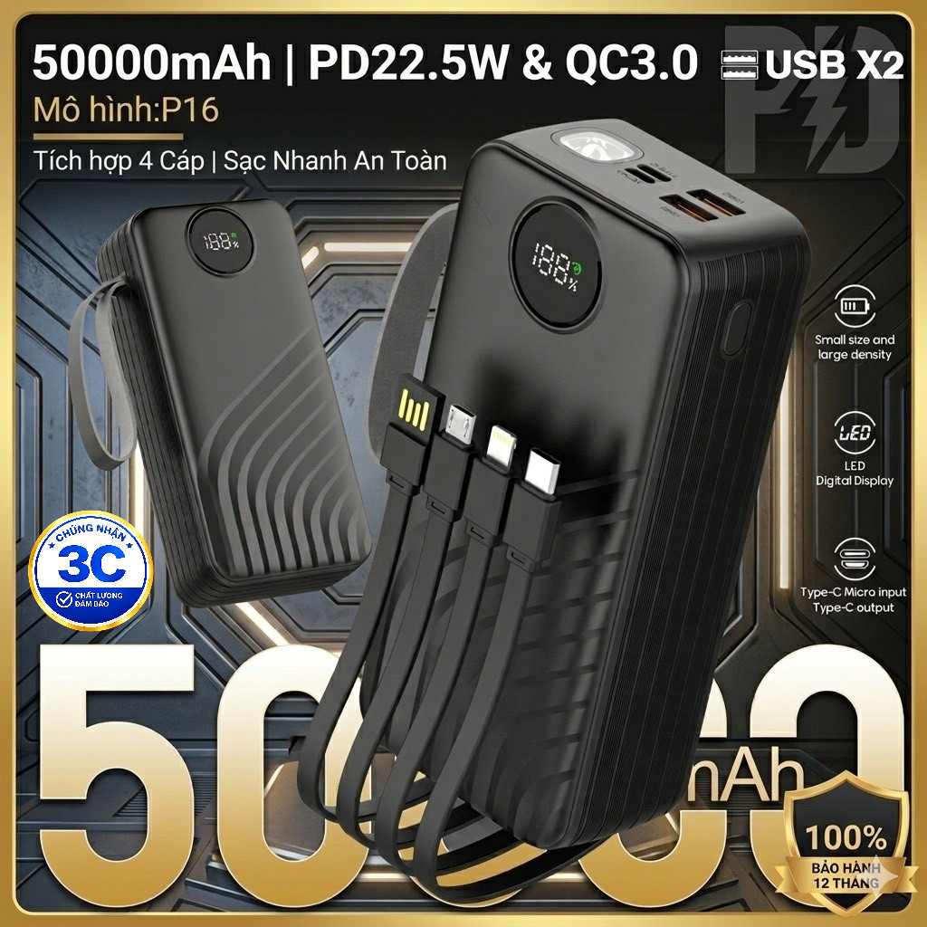 Sạc Dự Phòng 50000mAh Sạc Nhanh PD20W/22.5W Chứng Nhận 3C Nhiều Cổng Sạc Dây Tích Hợp Màn Hình LED Đèn Pin Chiếu Sáng