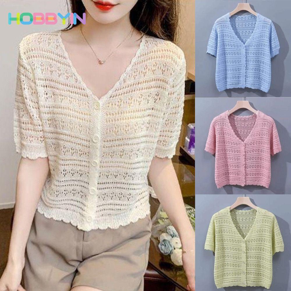 Áo len dệt kim HOBBYIN cổ chữ V, ngắn tay, chống nắng - Áo khoác ngoài dành cho nữ
