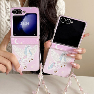 Ins tưởng tượng kỳ lân hoạt hình dễ thương có dây chuyền vỏ điện thoại cho samsung z flip 7 6 5 4 3 flip7 flip6 flp5