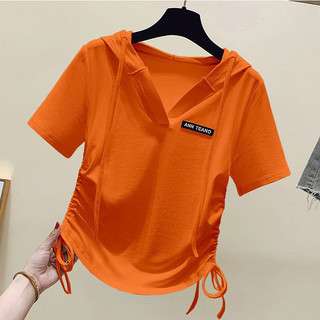 Áo thun ngắn tay có mũ trùm đầu bằng lụa băng mùa hè thời trang phù hợp với dây rút không đều phía dưới ngắn