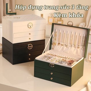 Hộp đựng đồ trang sức 3 tầng bằng da PU Ngăn kéo tổ chức Vòng cổ Bông tai Hộp đựng phụ nữ
