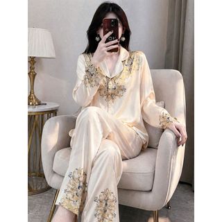 ZZNN Đồ Bộ Nữ Pijama Bộ Lụa Chất liệu lụa satin mềm mại, bóng nhẹ, thoáng mát 43-80KG.