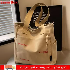 Túi đeo vai vải SAVORBOX, Túi sách học sinh hình vuông bằng vải canvas, Túi vải cầm tay