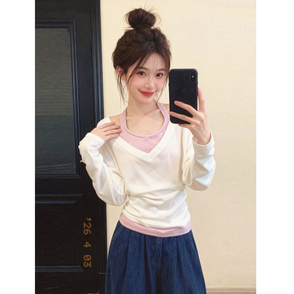 [170g Bông Tuyết 65 Cotton 35 Polyester] Áo Vest Sọc Cổ Màu Hồng Dây Dài Tay Áo Thun Nữ Mùa Hè Top Hai Mảnh Phù Hợp Với